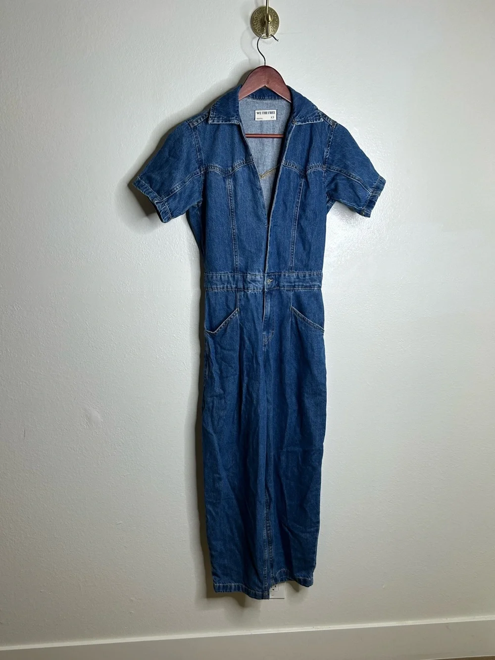 Free People 100% Cotton Marla Straight Leg Short Sleeve Denim Jumpsuit